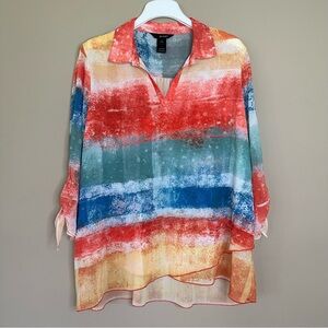 Ali Miles Colorful Artsy Tunic Top Women L  3/4 Sleeve Semi Sheer Flowy Office
